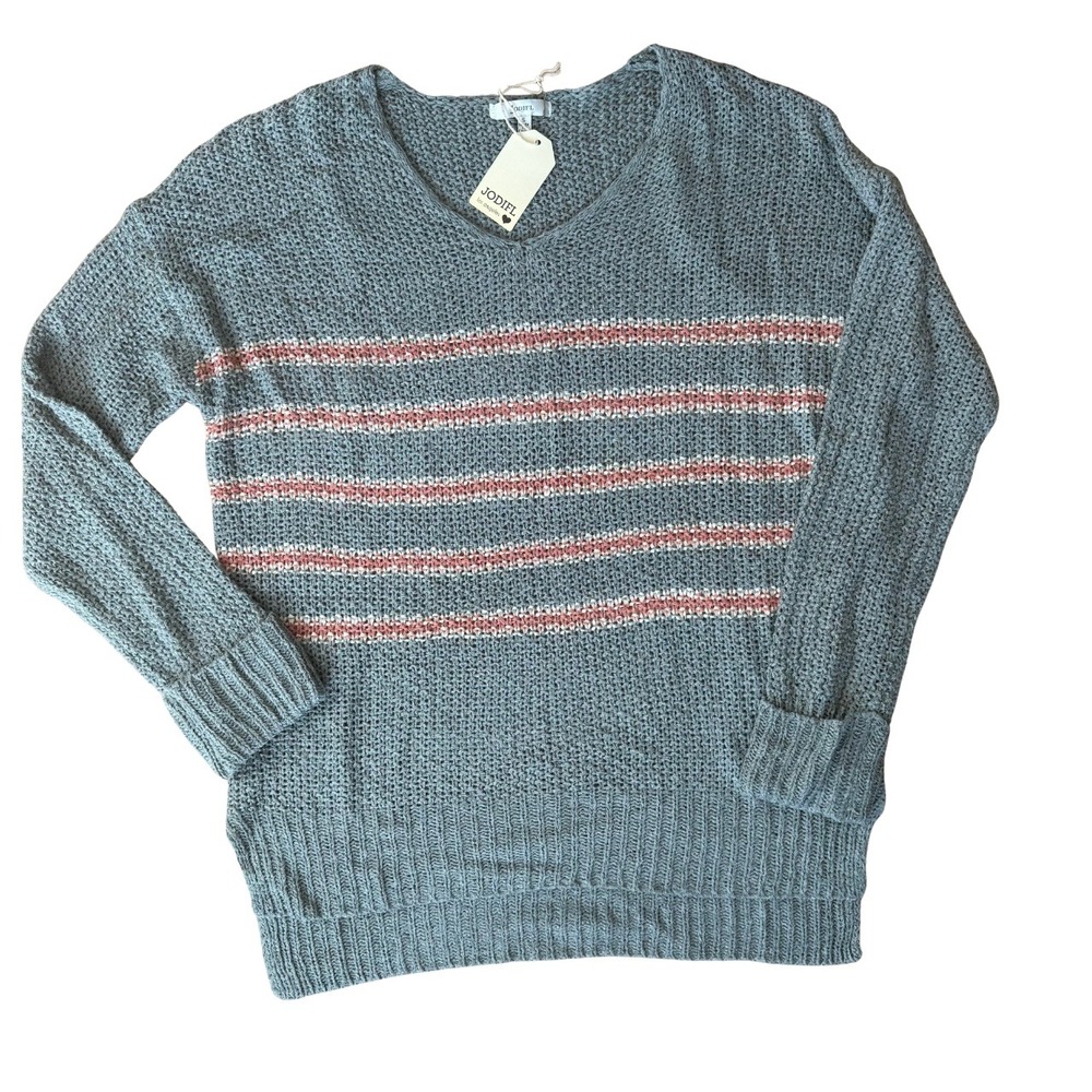JODIFL Sweater Blue Red Stripe‎ V Neck Knit Long Sleeve Women Size S